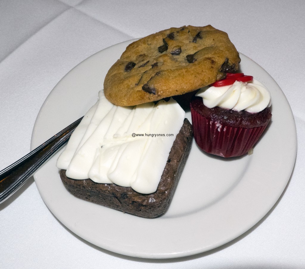 Brownie, chocolate chip cookie, red velvet cupcake.