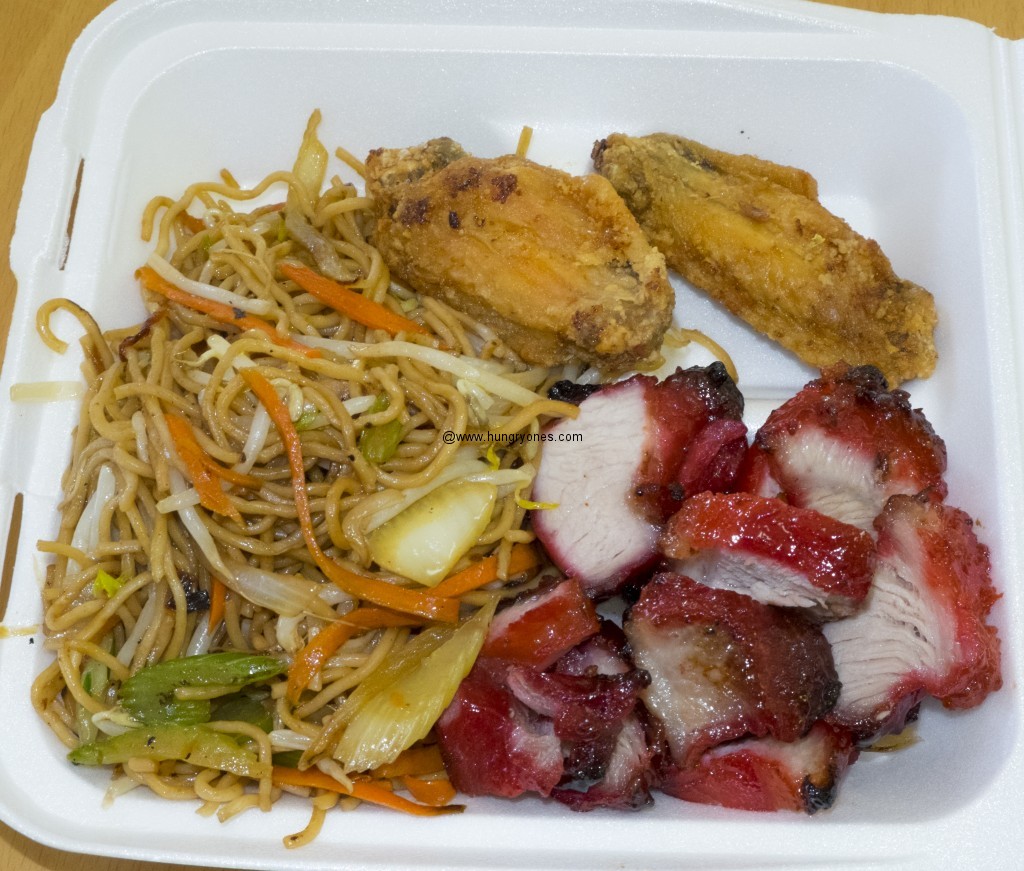 Chow mein , fried chicken wings, bbq pork